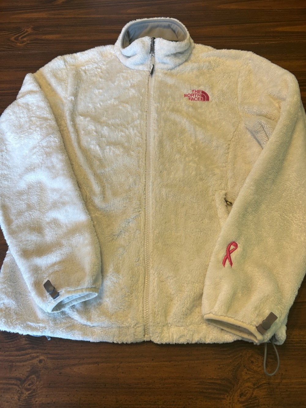 Women’s LG North Face white fleece Full-Zip Jacket breast cancer pink ribbon